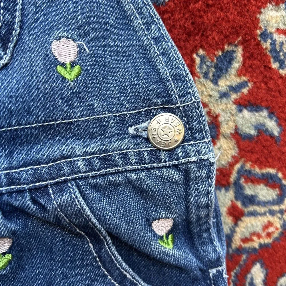 Vintage Denim Overalls Embroidered Tulips Girls 3-6 Months 90s Made In USA